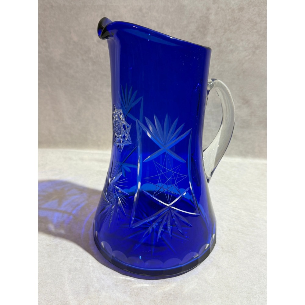 Vintage Bohemian Czech Cobalt Blue Cut to Clear Glass Pitcher and 4 Tumbler Set - Picture 2 of 16